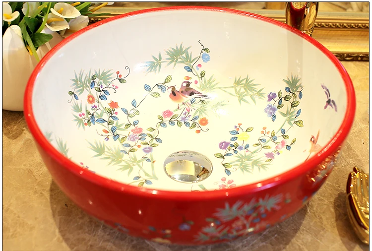 Red China Artistic Europe Style Counter Top porcelain wash basin bathroom sinks ceramic art basin bowls flower and bird (1)