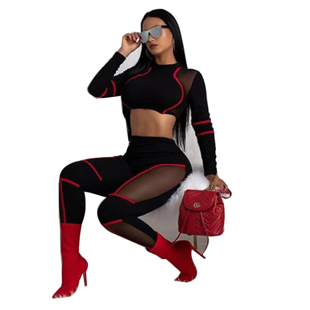 Сексуальный комплект из 2 предметов для женщин с длинным рукавом See Through Mesh Crop Top +
