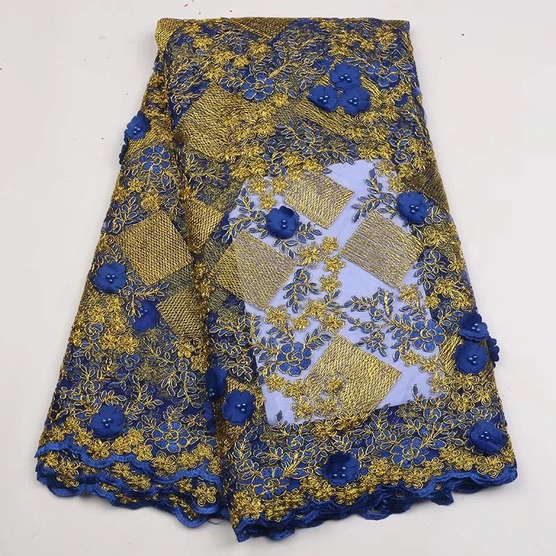 

3d lace fabric with beads 5yard fashion blue african lace fabric 2018 high quality 3d flower fabric for dress