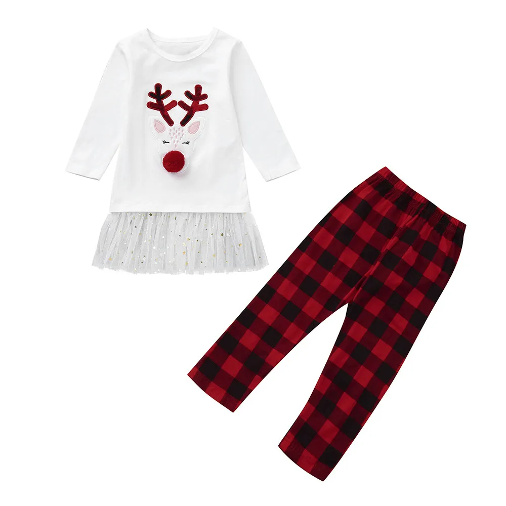 Для девочек Костюмы 2 шт. Дети для маленьких девочек с рисунком оленя футболка Топы+ штаны в клетку Рождественский осень-зима комплект одежды с длинными рукавами T3