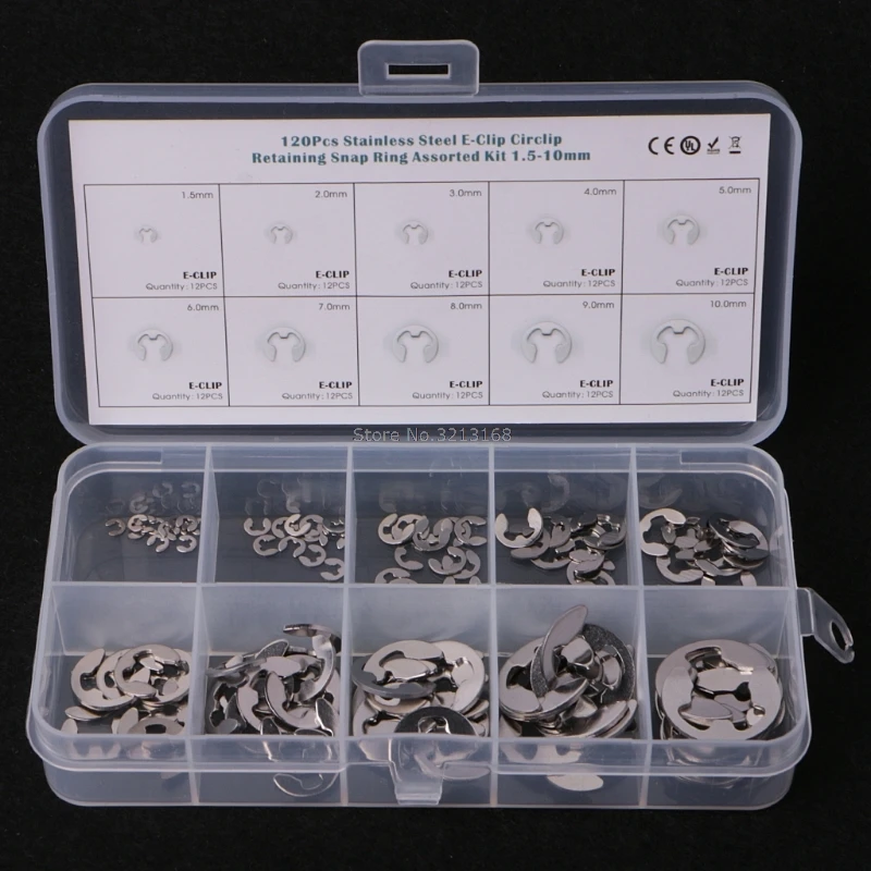 

120PCS 1.5mm-10mm E-Clip Assortment Kit Stainless Steel Retaining Circlip Set Dropshipping/323