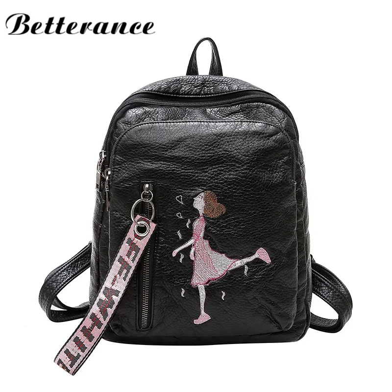 

Betterance 2018 Pu Casual Backpacks women Fashion embroidery ribbon backpack school bags for teenage girls free shipping