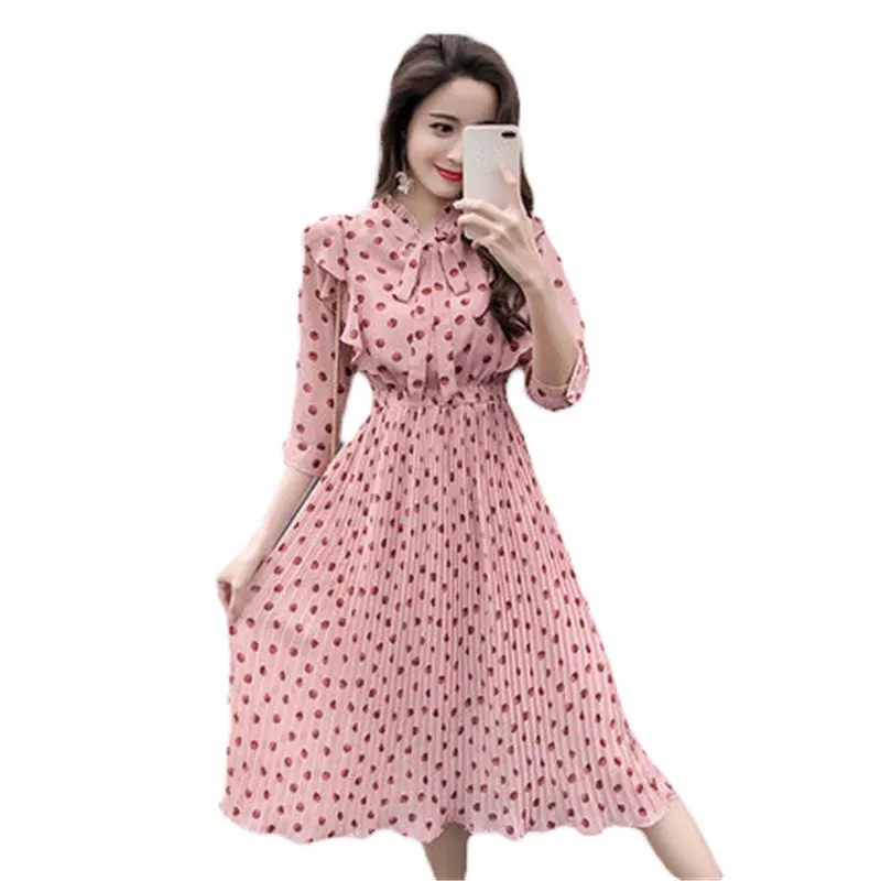 

Vintage 3/4 Sleeve Chiffon Dress Spring 2019 New Ruffled Bow Wave Point Summer Women's Pleated Dress Feminino Vestidos X593
