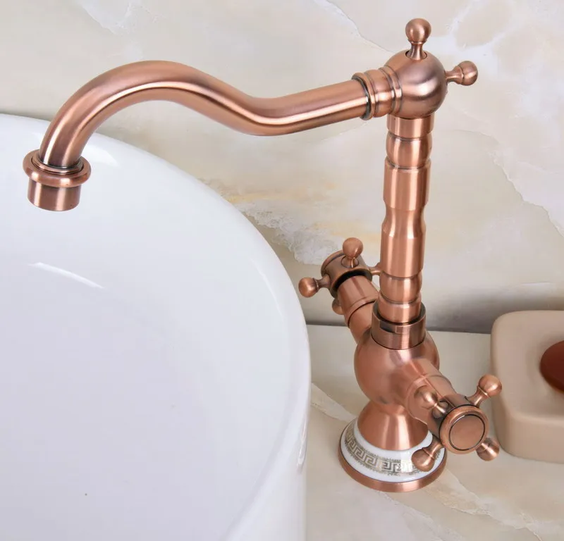 Antique Red Copper Brass Dual Cross Handles Bathroom Kitchen Basin Sink Faucet Mixer Tap Swivel Spout Deck Mounted mnf619