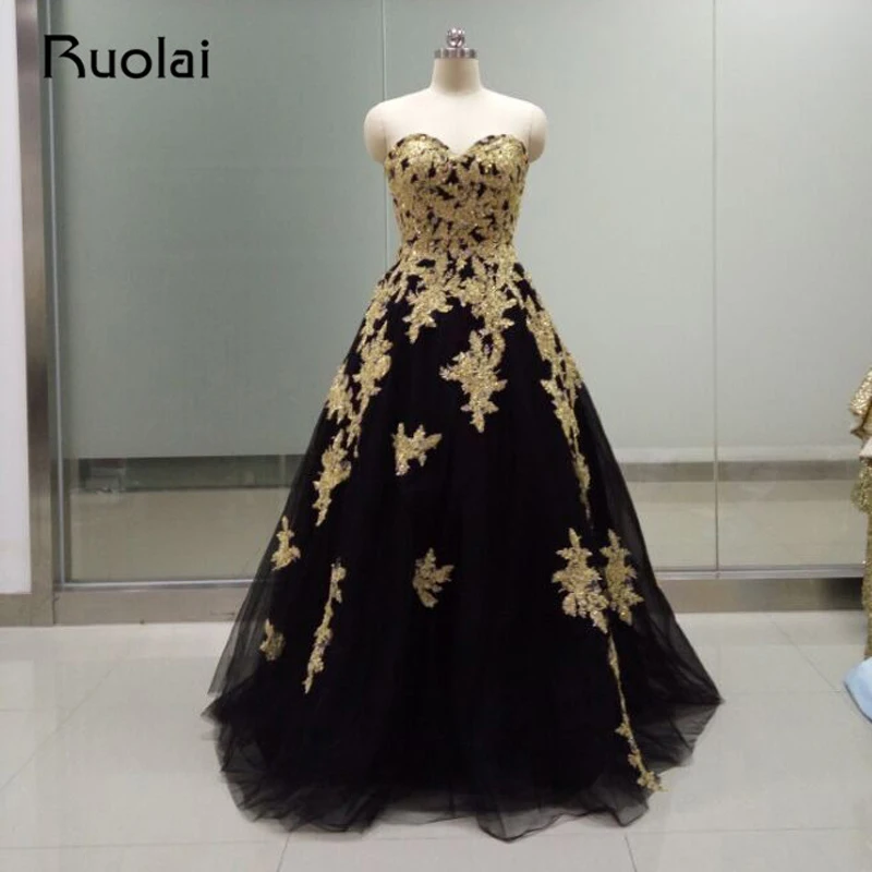 Real Photo Nero e Oro Abiti Da Sera Lungo Sweetheart Una Linea Appliques In  Rilievo Tulle Nero Vestito Da Promenade Vestito Convenzionale Oro FE36|gold  evening dress long|gold formal dressesgold evening dress -