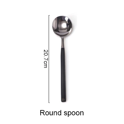Round spoon Столовые приборы из нержавеющей стали с черной ручкой, набор посуды с гальваническим покрытием, нож для стейка, вилка, десерт - Цвет: Round spoon