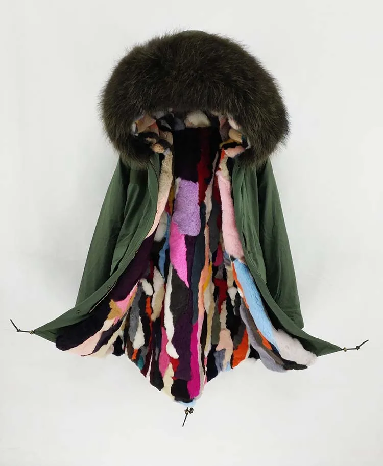 rabbit fur liner 6 Помпон из натурального меха, длинная парка, пальто из натурального меха, зимняя куртка для женщин, натуральный мех енота, Воротник из натурального меха кролика, съемная подкладка, теплая - Цвет: rabbit fur liner 6