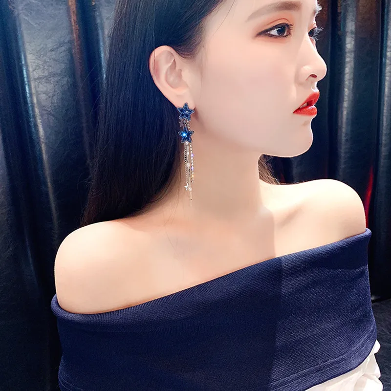 FYUAN Korean Style Shiny Star Drop Earrings for Women New Bijoux Long Tassel Blue Crystal Dangle Earrings Jewelry Accessories