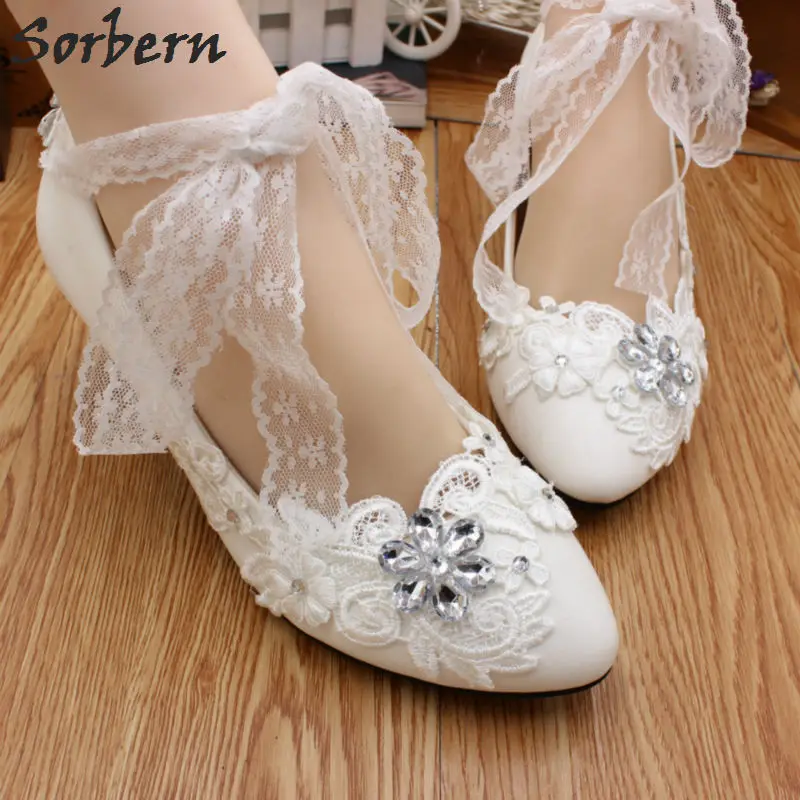 Sorbern Lace Ankle Straps Round Toe Low Heel Wedding Woman Shoe White Bridal Shoes Maid Of Honor Girls Cheap Fenty | Обувь