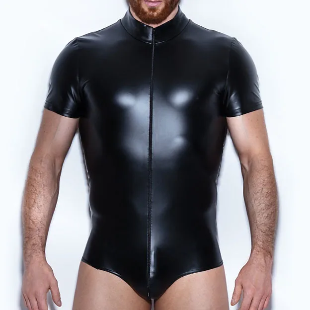 Мужской комбинезон из лакированной кожи, облегающий мужской костюм из искусственной кожи на молнии, сексуальное нижнее белье
