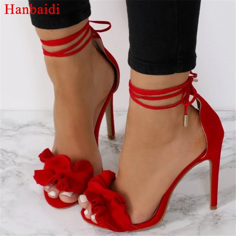 

Hanbaidi New Fashion Flower Decor Women Summer Sandals Sexy Flock Peep Toe High Heels Pumps Street Style Women Outfit Shoes 2018