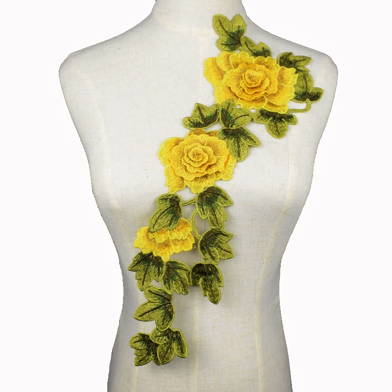 1 шт. 3D вышитая ткань Желтая роза цветок Венеция Кружева Шитье аппликация кружевной воротник аппликация аксессуары
