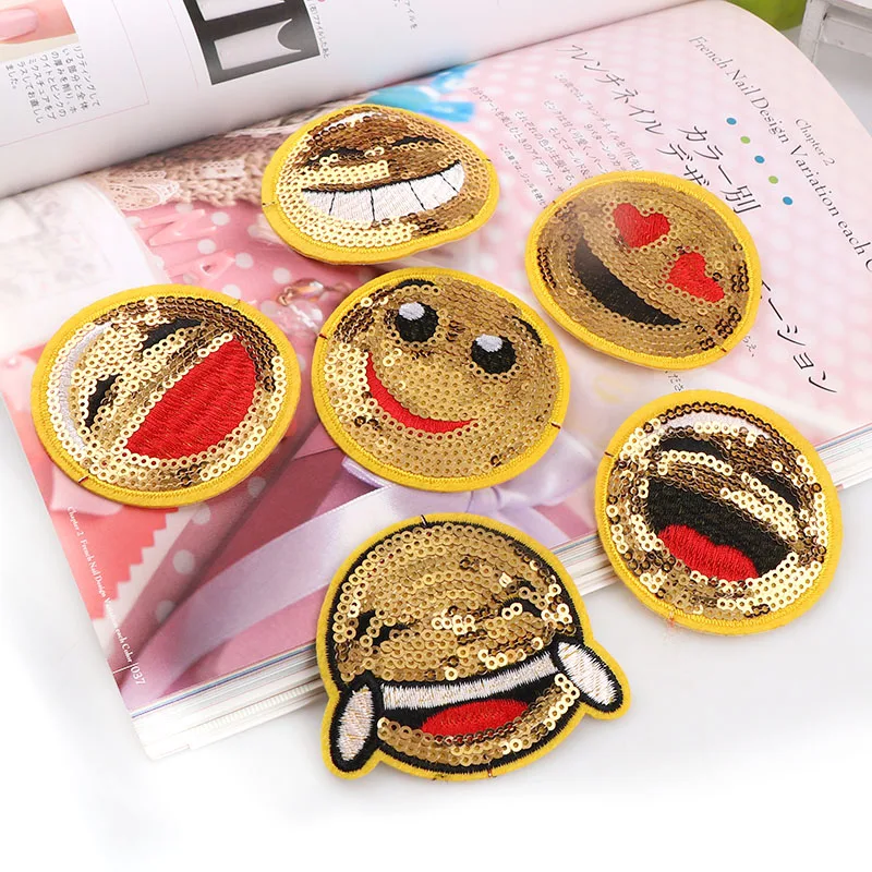 

6Pcs Embroidery Sequined Emoji Patches Mulity Smile Face Iron On Patches Punk Motif Applique DIY Clothes Accessory Stickers