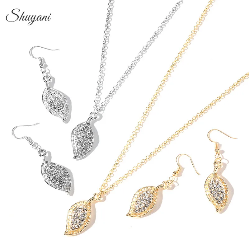 2018 women vogue jewelry sets rhinestone leaf pattern chain necklace