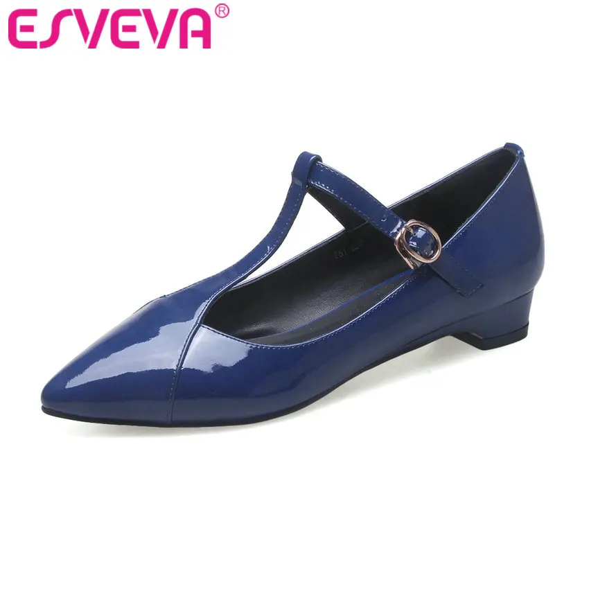 

ESVEVA 2017 Black Real Leather Women Pumps Spring Western Party Pointed Toe T-starp Pumps Square Low Heel Women Pumps Size 34-39