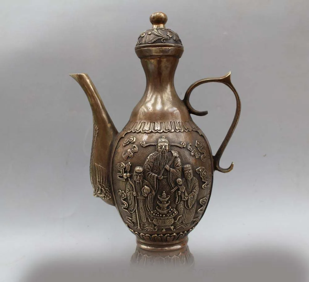 

13" Lucky Chinese Bronze Fu Lu Shou Three Buddha Statue TeaPot Wine Pot Flagon
