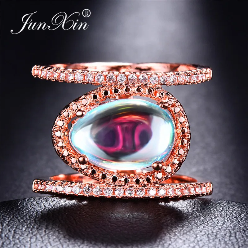 JUNXIN Бохо Rainbow опал кольца для Для женщин Для мужчин серебро/14KT Rose Gold Filled Овальный Лунный камень кольцо женские свадебные стекируемые миди кольцо