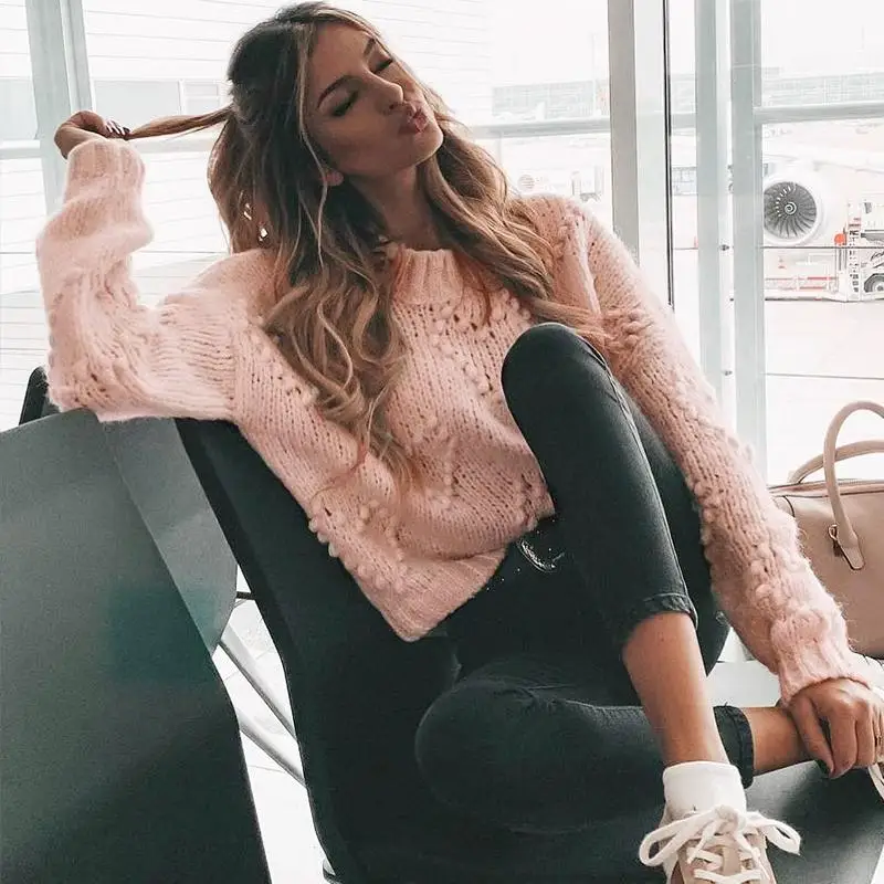 

Turmeric elegant Pompon knitted sweater 2019 winter new women lantern sleeve pink pullovers female ladies o neck jumpers mujer