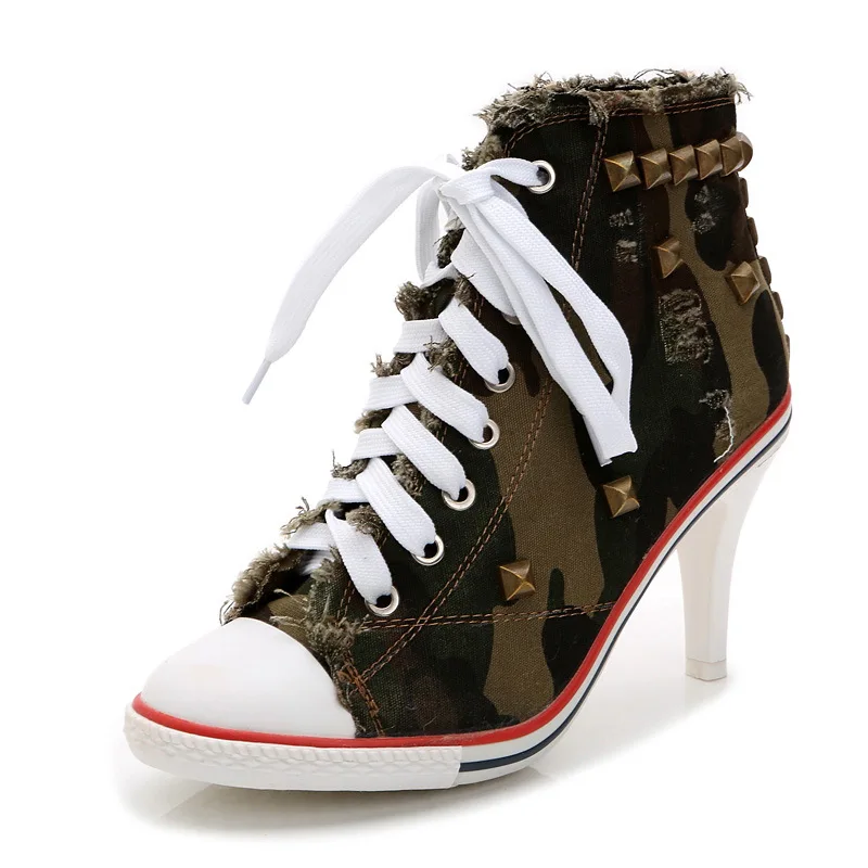 Туфли-лодочки г. пикантная весенняя обувь высокие ковбойские парусиновые туфли с заклепками на шнуровке на высоком каблуке, с заклепками, большие размеры 34-41 - Цвет: Черный