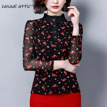 

Plus Size 4xl Print Shirt Women Tops 2019 Spring Mesh Blouse New Ruffled Collar Korean Long-sleeved Top Bodycon Women Blusa