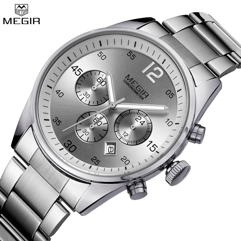 MEGIR Brand Men Chronograph Multifunction Quartz Water Resistant Military Watch Full Steel Watches Army Watch Relogio