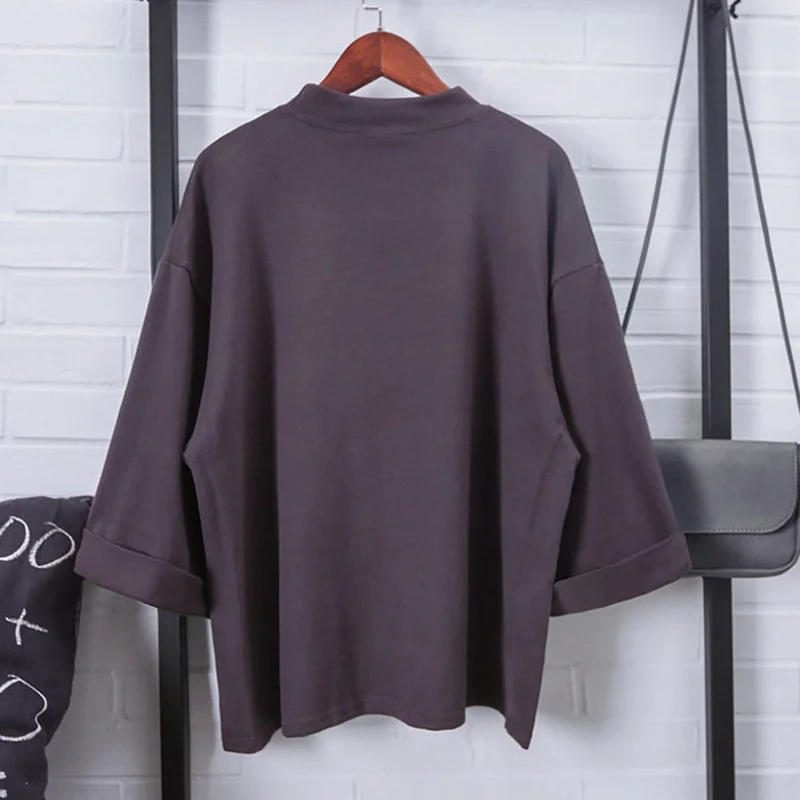 

Women 3/4 Sleeves T-shirt Oversize Loose Round Neck Minimalist Autumn Tops KS-shipping