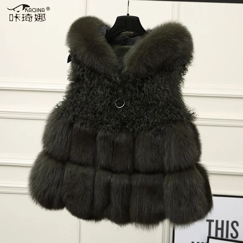 army green Пальто из натурального меха осенне-зимняя куртка женская одежда женский жилет пальто с капюшоном из лисьего меха корейский винтажный манто Femme Hiver 17415ZT - Цвет: army green