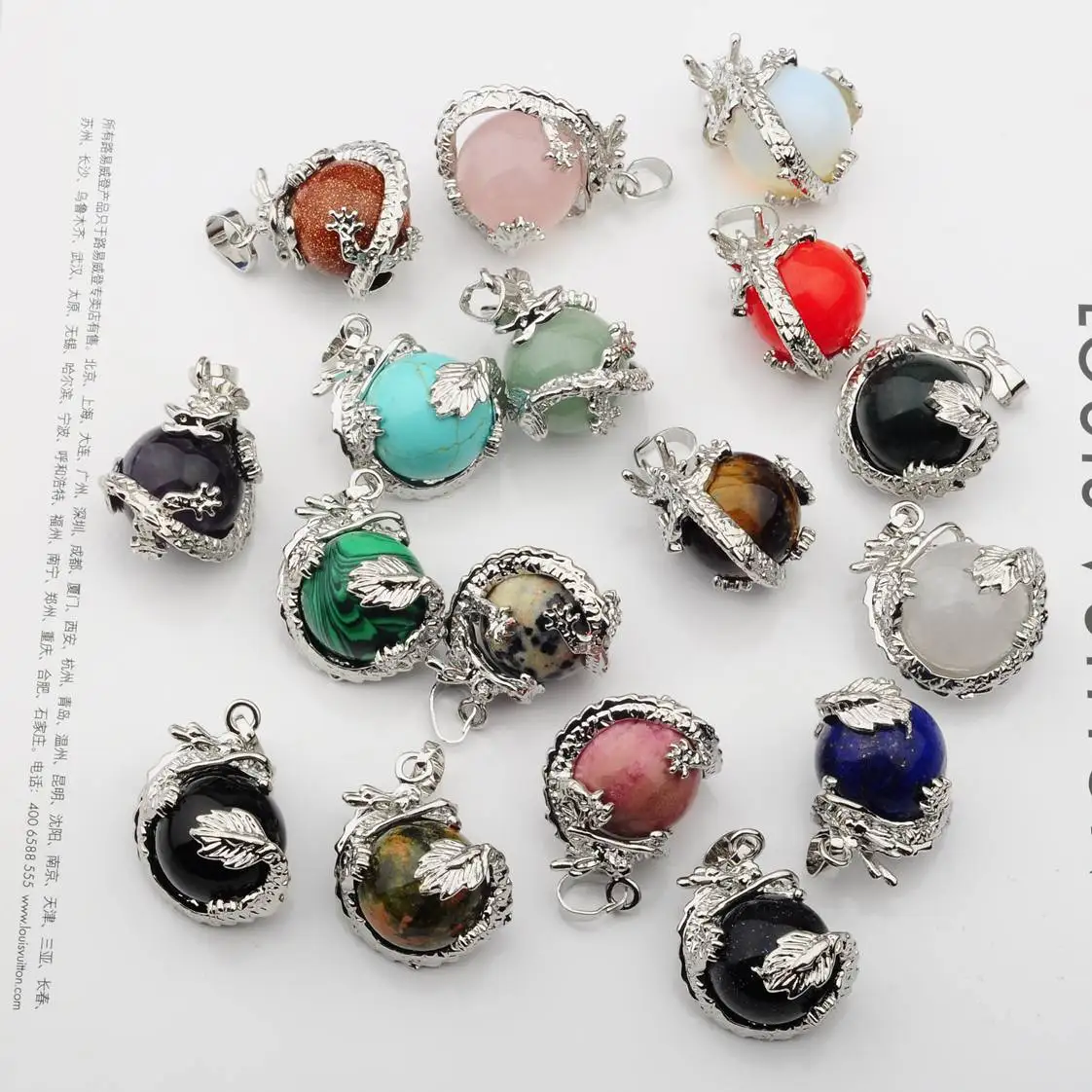 Hot Sales Natural Semi Precious Stone Round Crystal Balls Wrapped Silver Dragon Jewelry Necklace