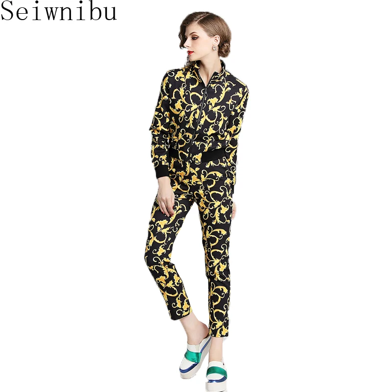 

Spring Autumn Tracksuit Long Sleeve Sweatshirts Runway Suit Women Clothing Two Piece Set Court printing Tops + Pants Plus Size