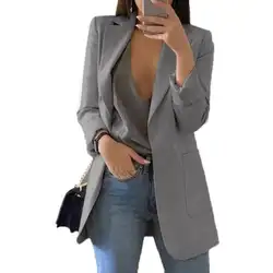 Модные женские офисные костюм сплошной цвет без кнопки нагрудные Slim Fit Блейзер Пальто Новый