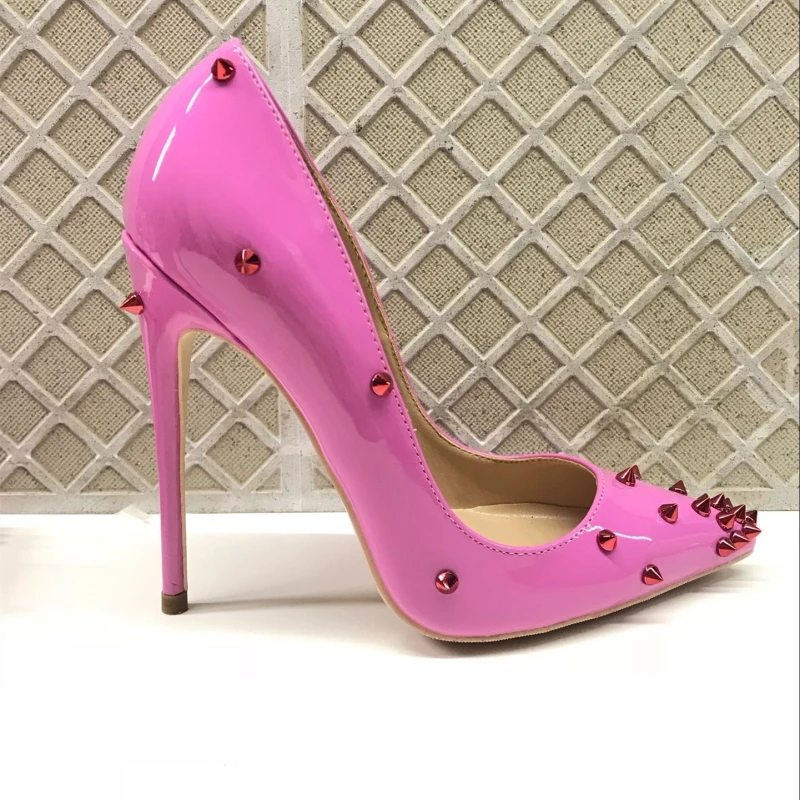 Stylesowner New Arrival Rivets Studded Pumps Rose Pink Thin Heel Sexy Wedding Shoe Pointy Toe Fashion Prom Party Shoes