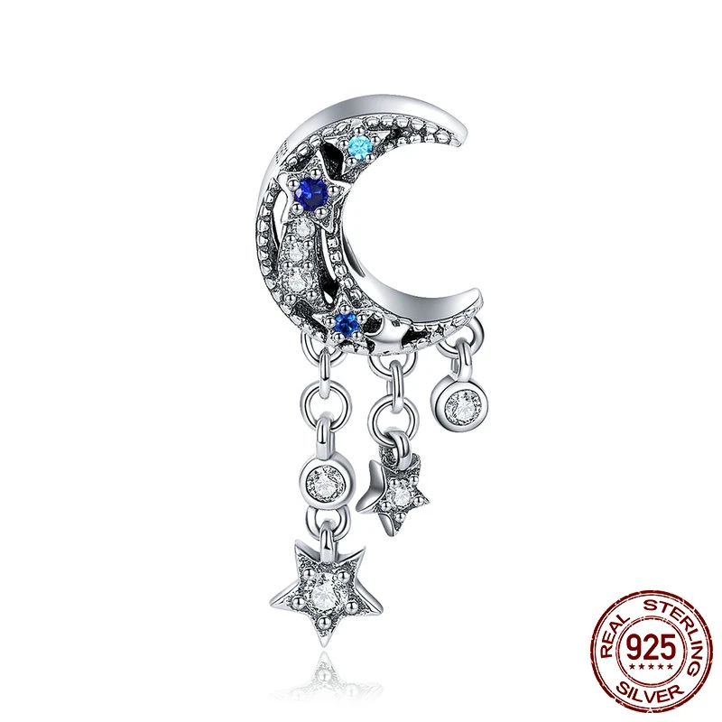 

Genuine 925 Sterling Silver Sparkling Moon Tassel Star Charms Pendant fit Original Pandora Bracelet Charms Jewelry