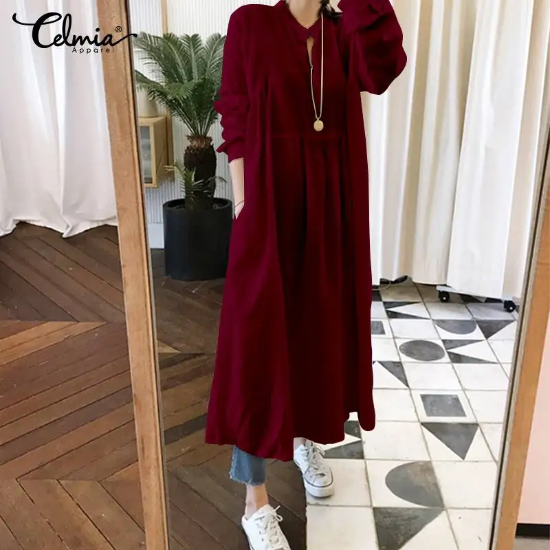 

Vintage Women's Dress 2019 Celmia Long Sleeve Pleated Shirt Dresses Casual Loose Solid Party Maxi Long Vestidos Femme Plus Size