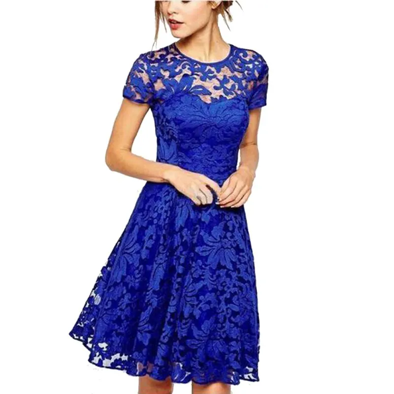 Women-Casual-Floral-Lace-Dresses-Short-Sleeve-Soild-Color-Blue-Red-Black-Party-Mini-Dress