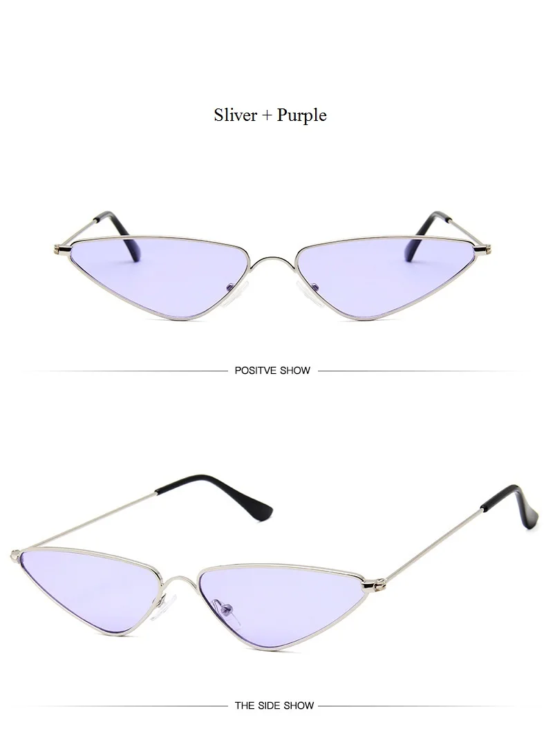 Модные брендовые новые маленькие солнцезащитные очки кошачий глаз, Женские винтажные Треугольные металлические линзы красного, желтого, розового цвета, трендовые солнцезащитные очки - Цвет линз: Sliver Purple