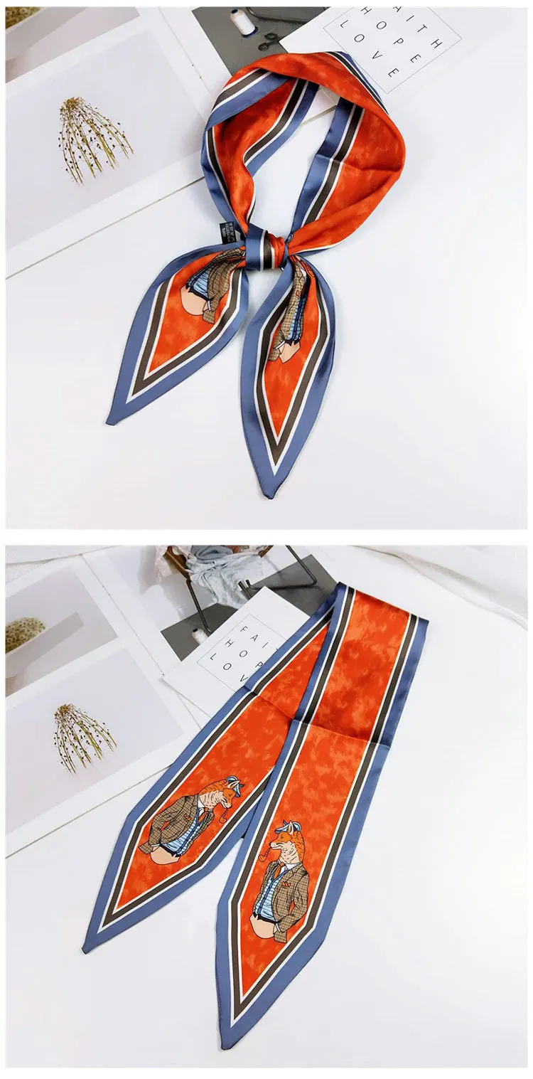 Fashion Hair Scarf For Women Neckerchief Cute Tie Wrist Ribbons Print Silk Satin Bag Scarfs Long Skinny Scarves For Ladies