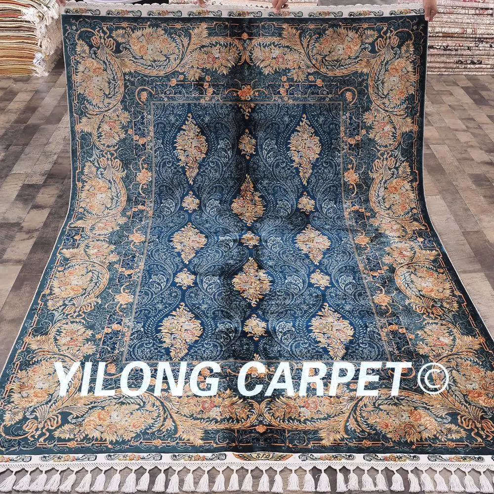 Yilong 5 6 X8 3 Blau Handgefertigt Seidenteppiche