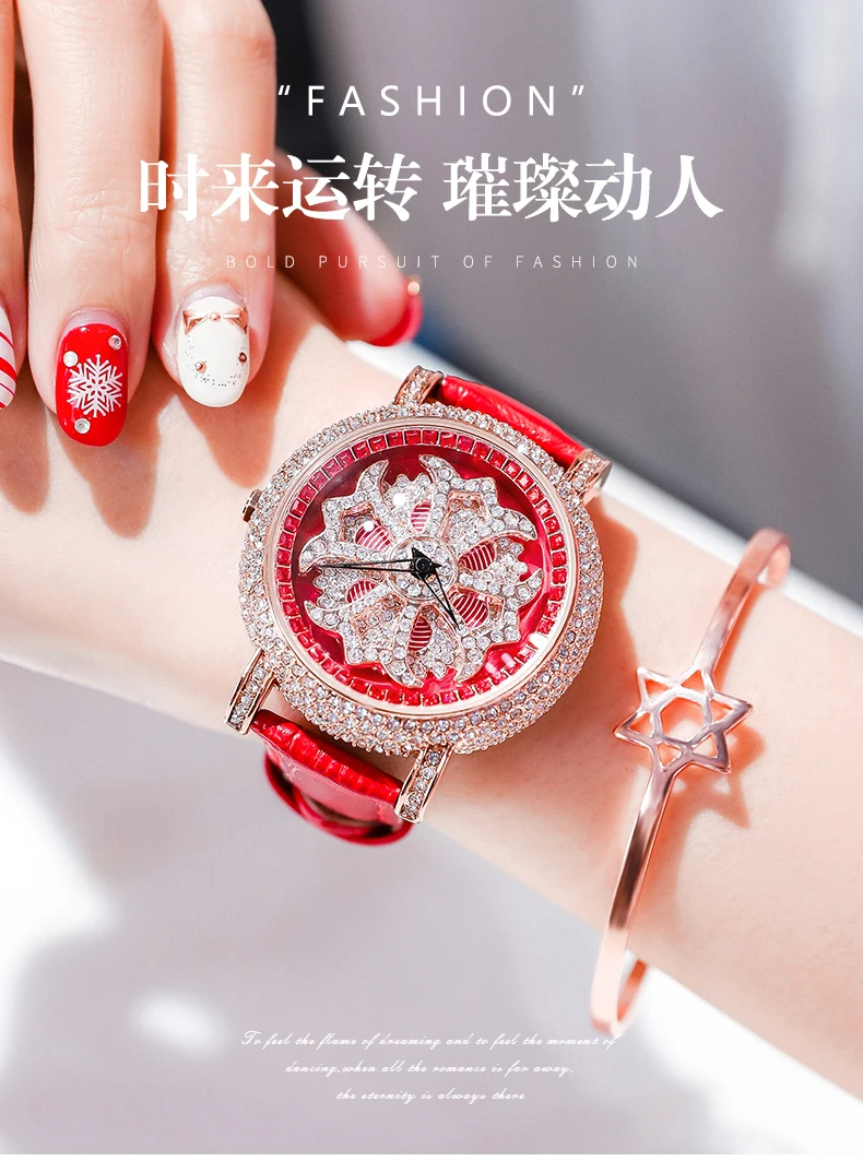 Роскошные женские часы с бриллиантами, вращающийся циферблат, Кристальные женские часы, водонепроницаемые наручные часы с цветами для женщин, Часы relogio feminino