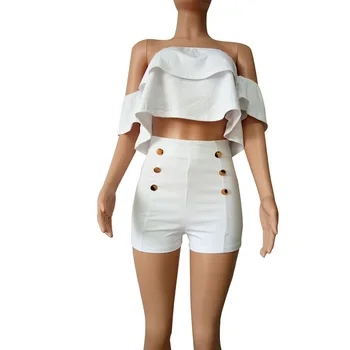 

2017 New Women summer casual sexy solid shorts set Off Shoulder ruffles short sleeve Tops High Waist button Shorts 2pcs set