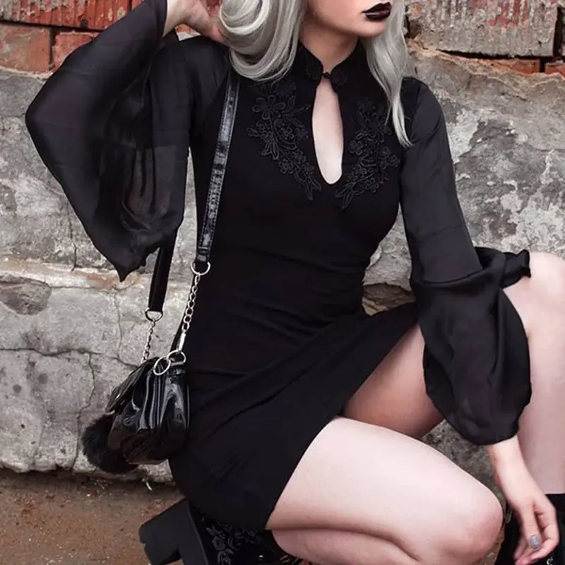 

Vintage Chic Gothic Cheongsam Black Women Mini Dresses 2019 Bodycon Dress Autumn Embroidery Floral Hole Qipao Female Short Dress