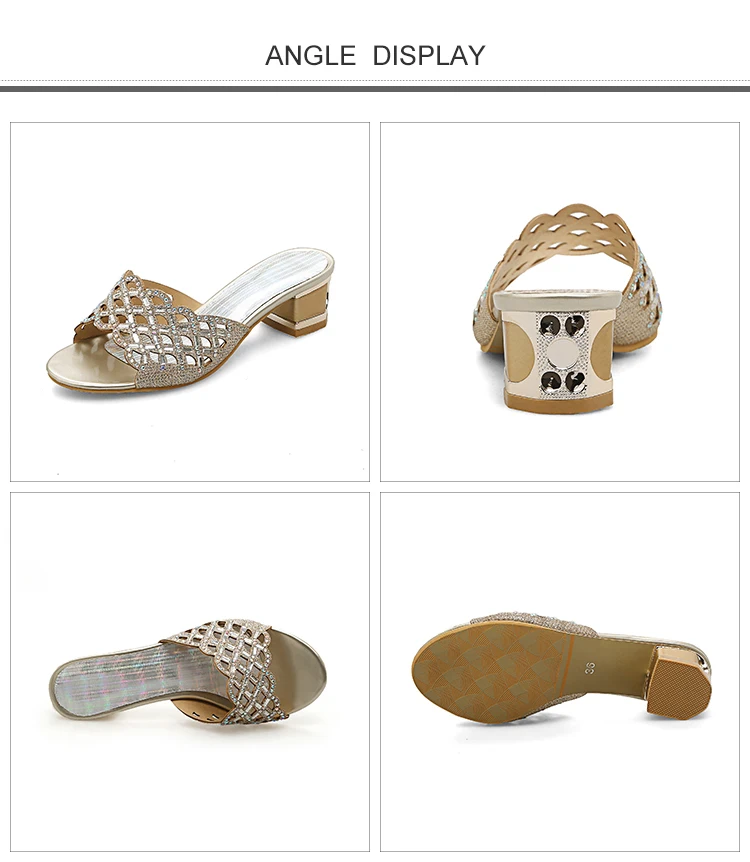 New Summer Women Slippers Middle Square Heel Bling Crystal Fashion Women Shoes Gold Mules Outside Slides Big Size 33-45