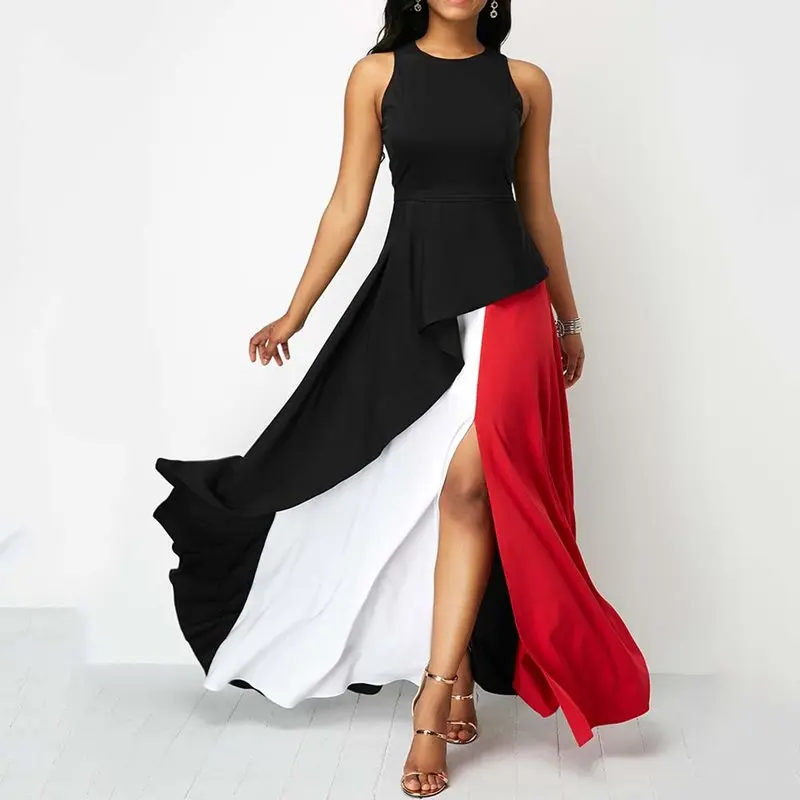 

Women Summer Party Black Maxi Dress Elegant Evening Sexy Big Swing Ruffle Patchwork Sleeveless Plus Size Fashion Long Dresses