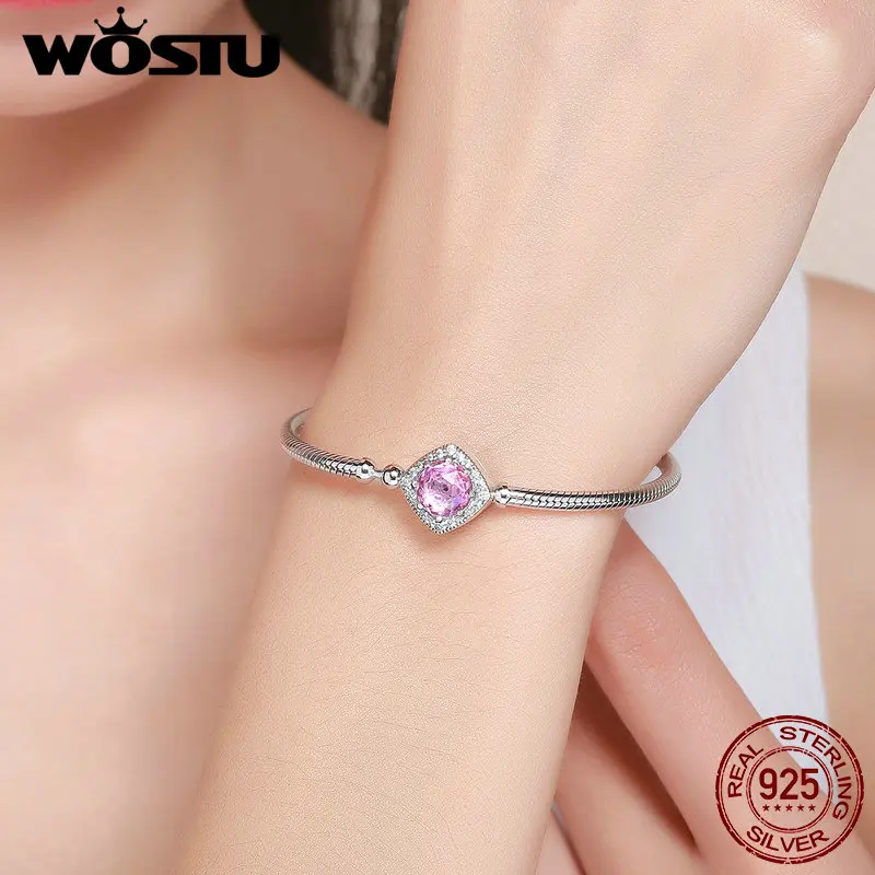 

WOSTU 100% 925 Sterling Silver Pink Square Cubic Zircon Stone Snake Bracelet Fit Original Women Charms Beads Bracelet BKB052