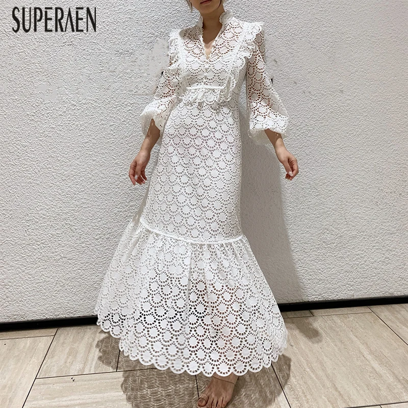 

SuperAen 2019 Summer New Lace Temperament Women Long Dress Solid Color Hollow High Waist Ladies Dress Europe Women Clothing