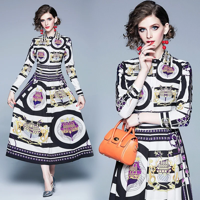 

2019 Spring Summer Fall Runway Vintage Print Collar Long Sleeve Empire Waist Women Ladies' Party Casual A-Line Maxi Beach Dress