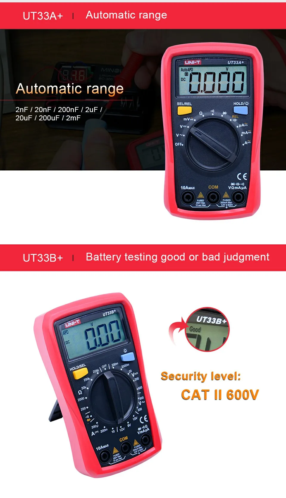 Digital Multimeter UT33A+/B+/C+/D+ Max voltage 600V Non-contact temperature tester with LCD backlight display