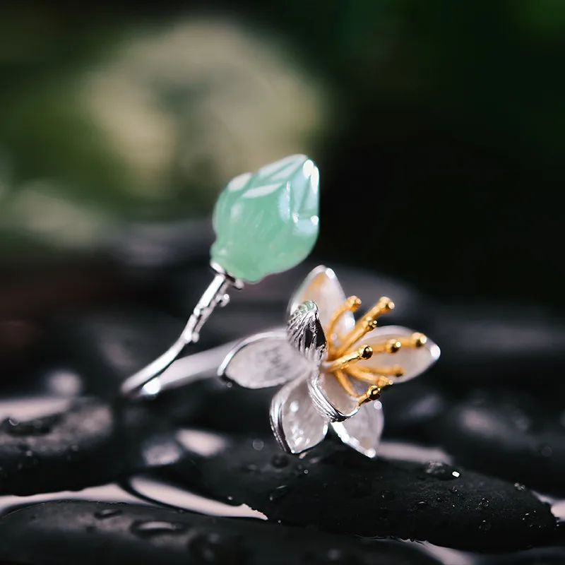 Lotus Fun Real 925 Sterling Silver Natural Chalcedony Handmade Fine Jewelry Flower Ring Lotus Whispers Rings for Women Bijoux