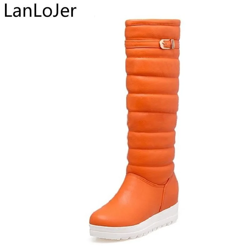 

LanLoJer Knee-high Waterproof Pu Leather Women Snow Boots Long Winter Buckle Design Fur Warm Flat Platform Boots Non-slip Shoes