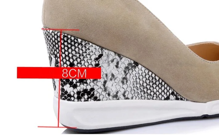 XGRAVITY Wedge Genuine Leather Lady High Heel Dress Wedges Snakeskin Heel Pointed Toe Woman High Heels Ladies Party Shoes A062