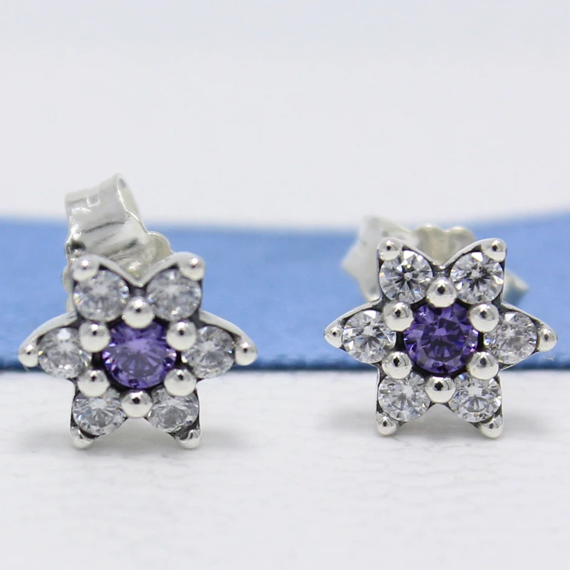 

ROCKART Solid S925 Sterling Silver Forget Me Not Stud Earrings With Purple & Clear CZ For Women Fashion Jewelry Gift New Hot